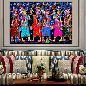 Madhubani Mithila Gopi Leela Dancing Indian God Religion and Spirituality Handmade Canvas Painting Poster Print POP Wall Art