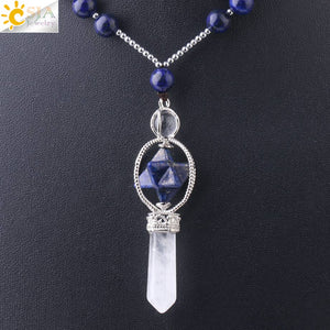 CSJA Natural Stone Long Necklace Women Reiki Merkaba Pendant Crystal Necklaces Purple Pink White Tiger Eye Bohemian Jewelry F782