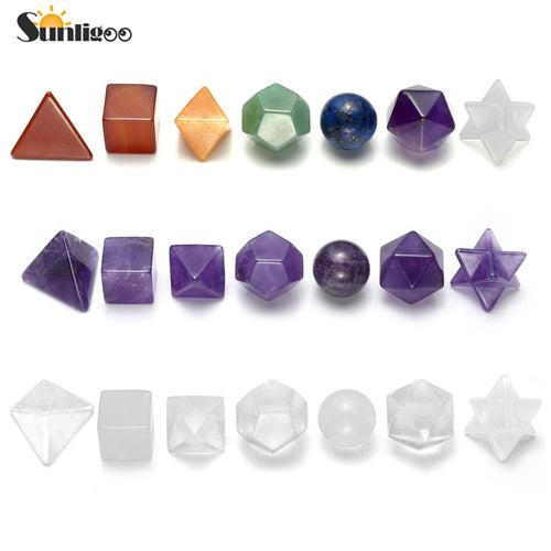 Choice of: Chakra, Amethyst or White Crystal Natural Stone Platonic Solids - 7 Pieces/Set