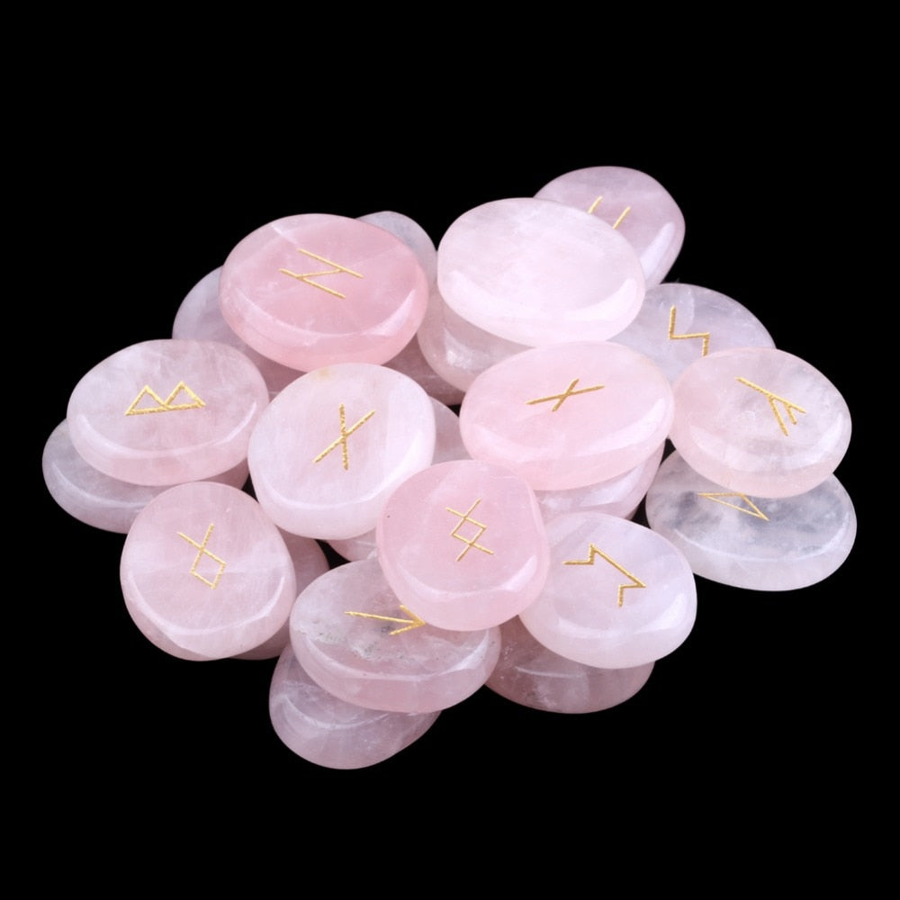 Natural Rose Quartz Rune Stones Engraved Lettering Set