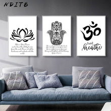 Load image into Gallery viewer, Spiritual Meditation Abstract Poster Hamasa Hand Lotus Black White Canvas Print Yoga Wall Art Picture Painting Modern Home Decor