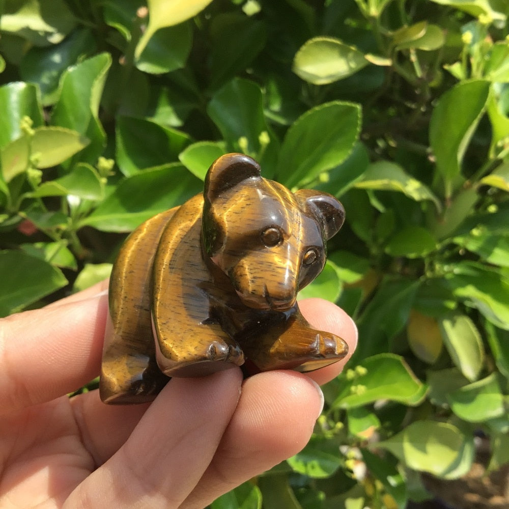 Natural Crystal Carved Tiger Eye or Rose Quartz Figurine Bear statue - approx 5 cm