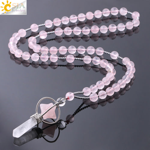 CSJA Natural Stone Long Necklace Women Reiki Merkaba Pendant Crystal Necklaces Purple Pink White Tiger Eye Bohemian Jewelry F782