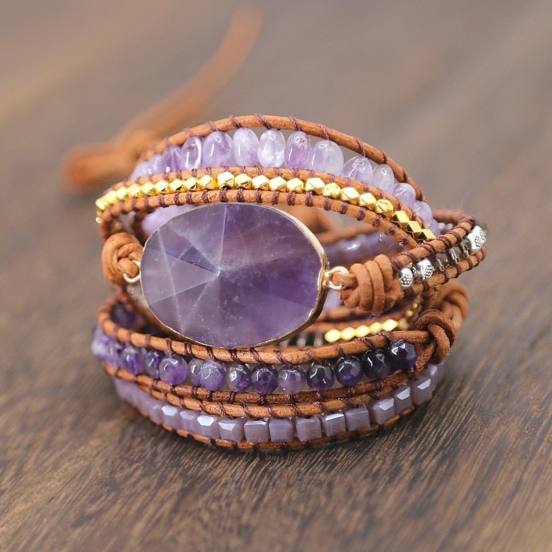 Natural Stones Crystal Quartz Charm 5 Strands Wrap Bracelet