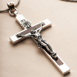 Natural Red Sandalwood Cross Pendant & Jesus Solid 925 Sterling Silver Necklace - Unisex Vintage Jewelry