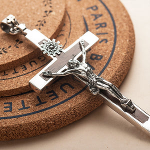 Natural Red Sandalwood Cross Pendant & Jesus Solid 925 Sterling Silver Necklace - Unisex Vintage Jewelry