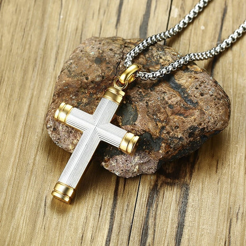 Men's Two Tone Baptism Cross Necklace Stainless Steel White Yellow Crucifix 24 inch