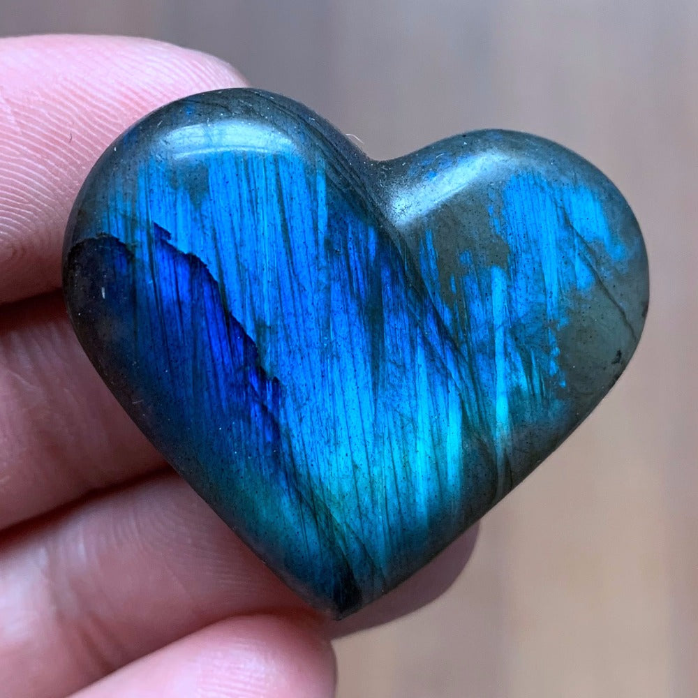 13g Madagascar Natural, Polished Labradorite Quartz Crystal Heart