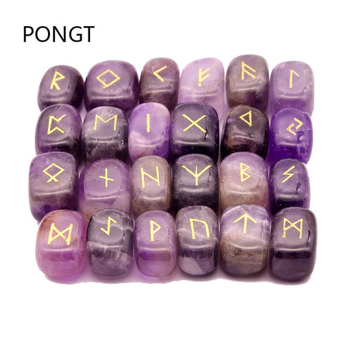 25pcs Natural stone carving Viking Runes Amulet Set Reiki Runic alphabets Healing Crystals quartz Divination Stones jewelry