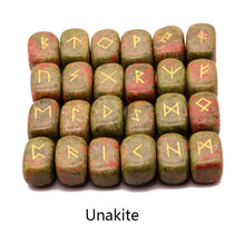 Load image into Gallery viewer, 25pcs Natural stone carving Viking Runes Amulet Set Reiki Runic alphabets Healing Crystals quartz Divination Stones jewelry